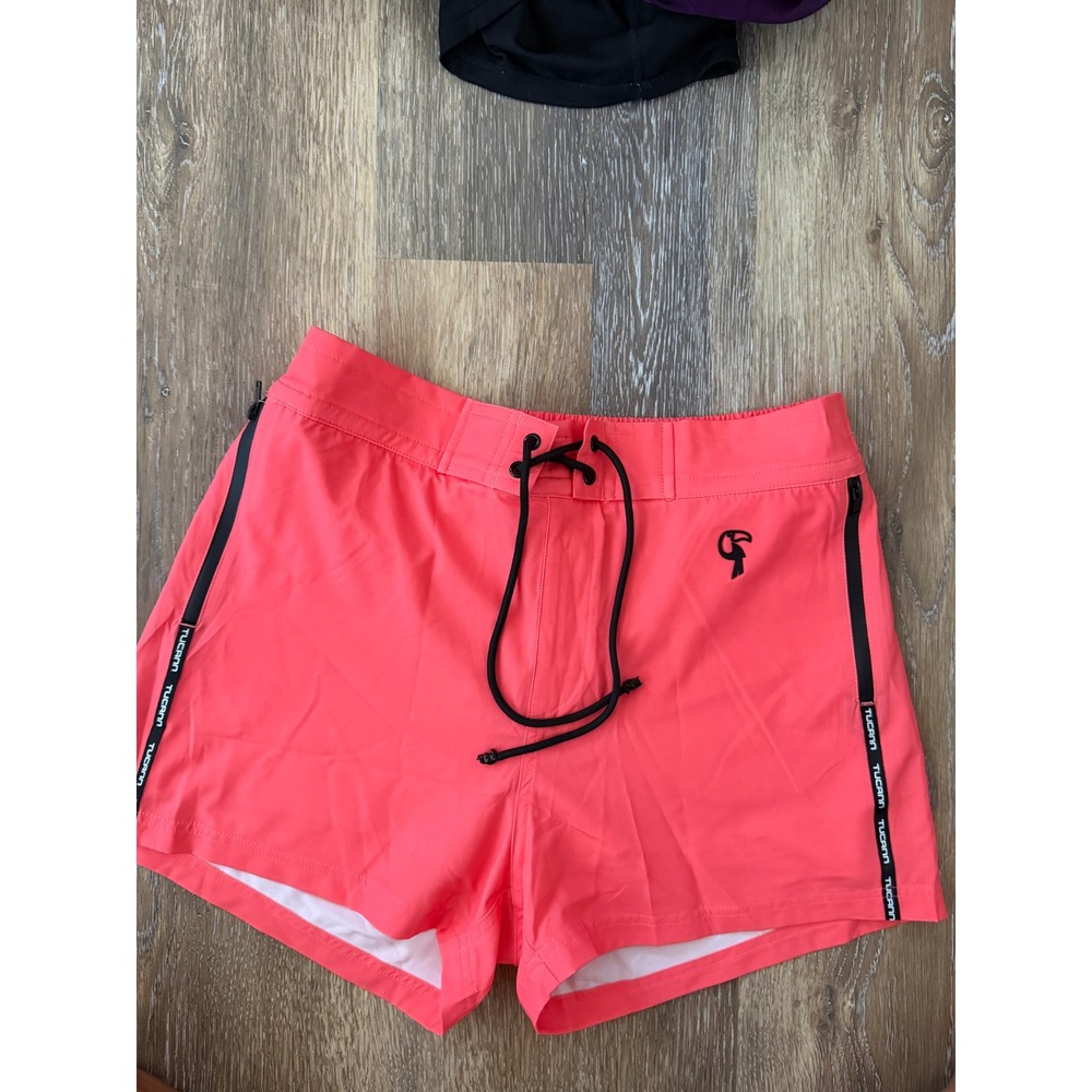 Tucann Mens Coral Pink Swim Trunks Compression Liner Zipper Pockets Size L